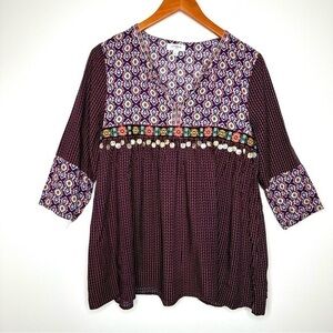 Umgee Burgundy Embroidered 3/4 Sleeves Boho Top Size Small